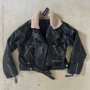 Black Leather Jacket with Shearling Collar